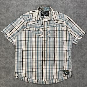 Ecko Unltd Y2K Plaid Button Up Shirt Mens L Blue White Short Sleeve Western